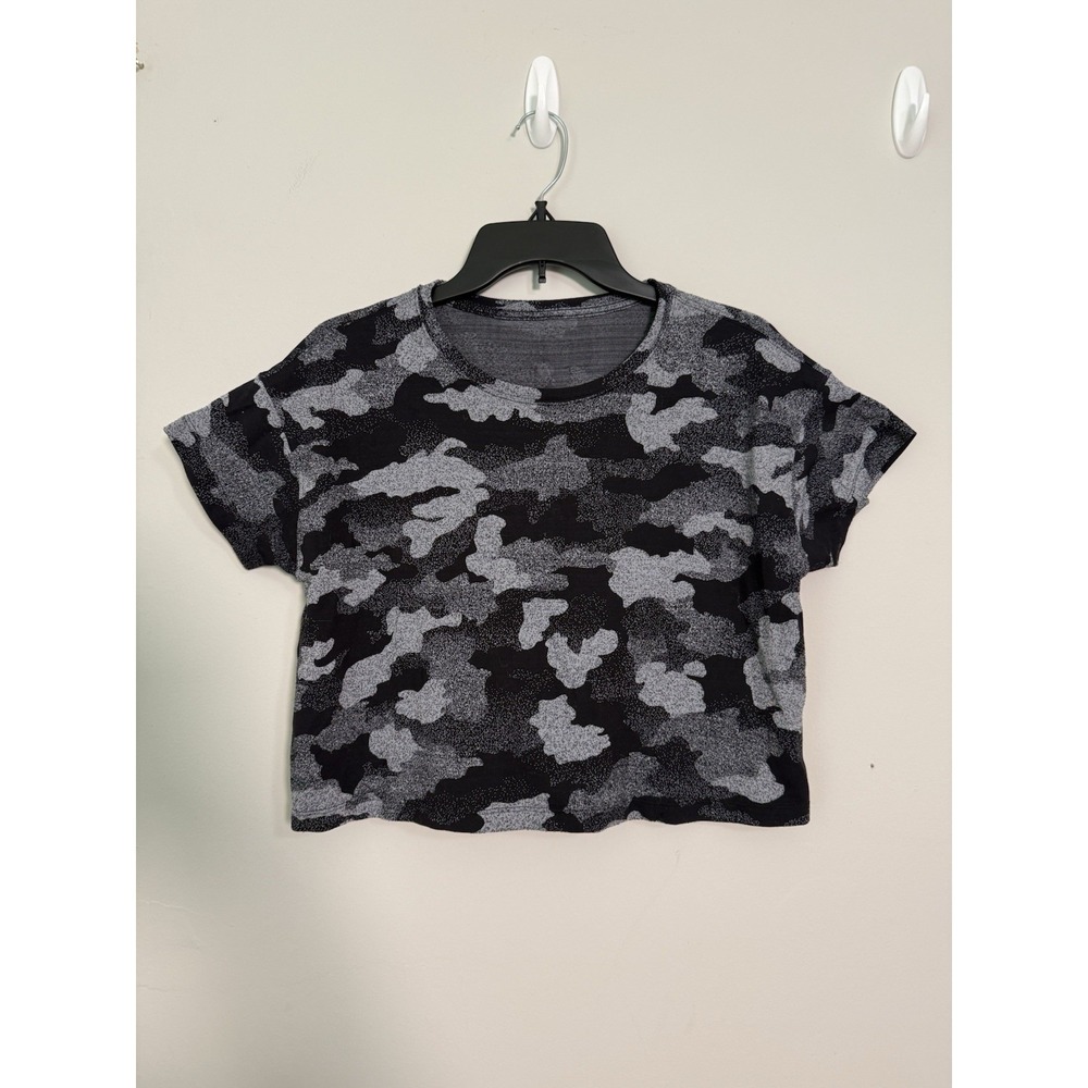Lululemon Womens Size 4 Black Cates Camo Short Sleeve Top Athleisure Athletic